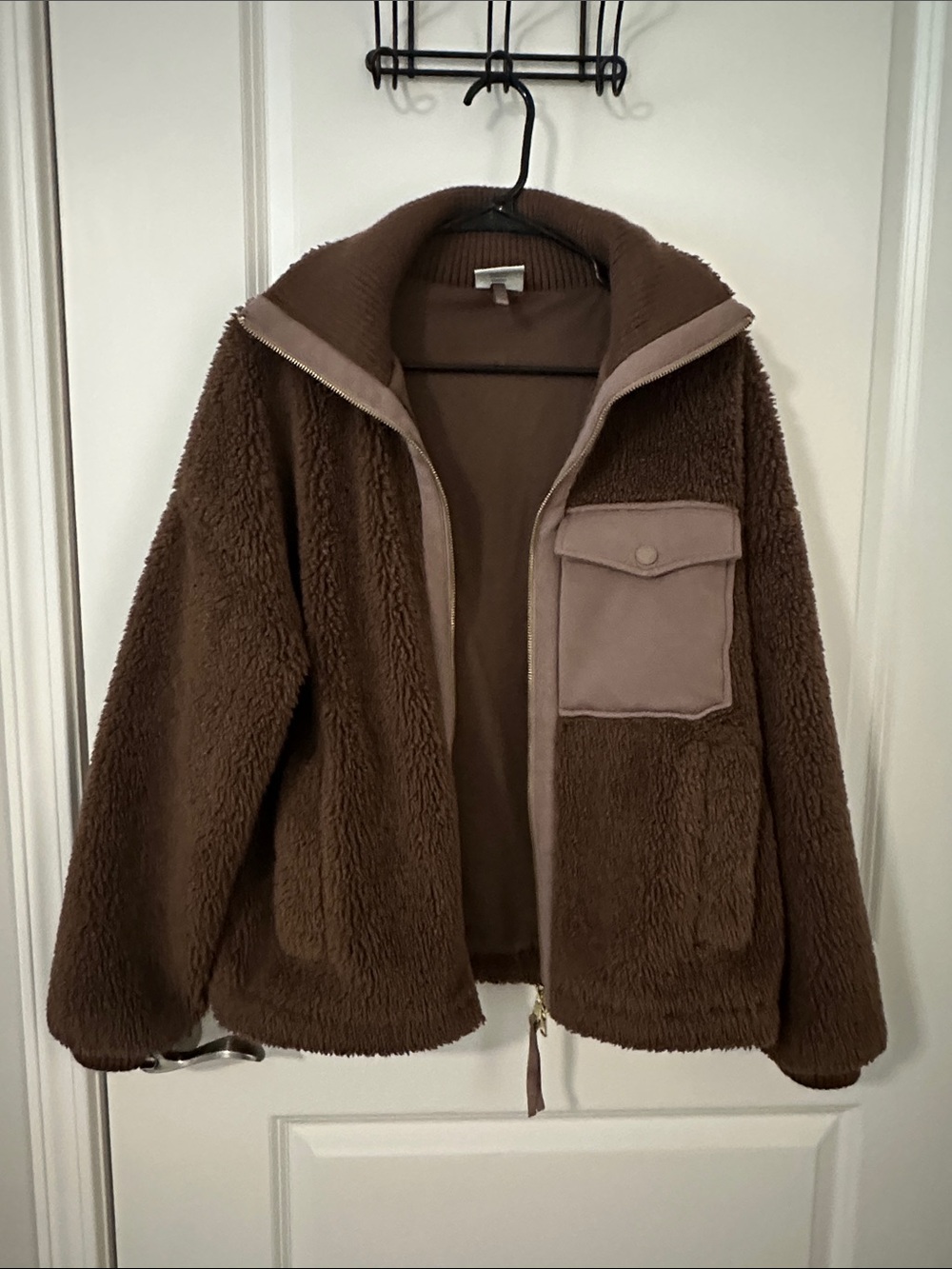Varley Brown Sherpa Jacket with Contrast Chest Pocket